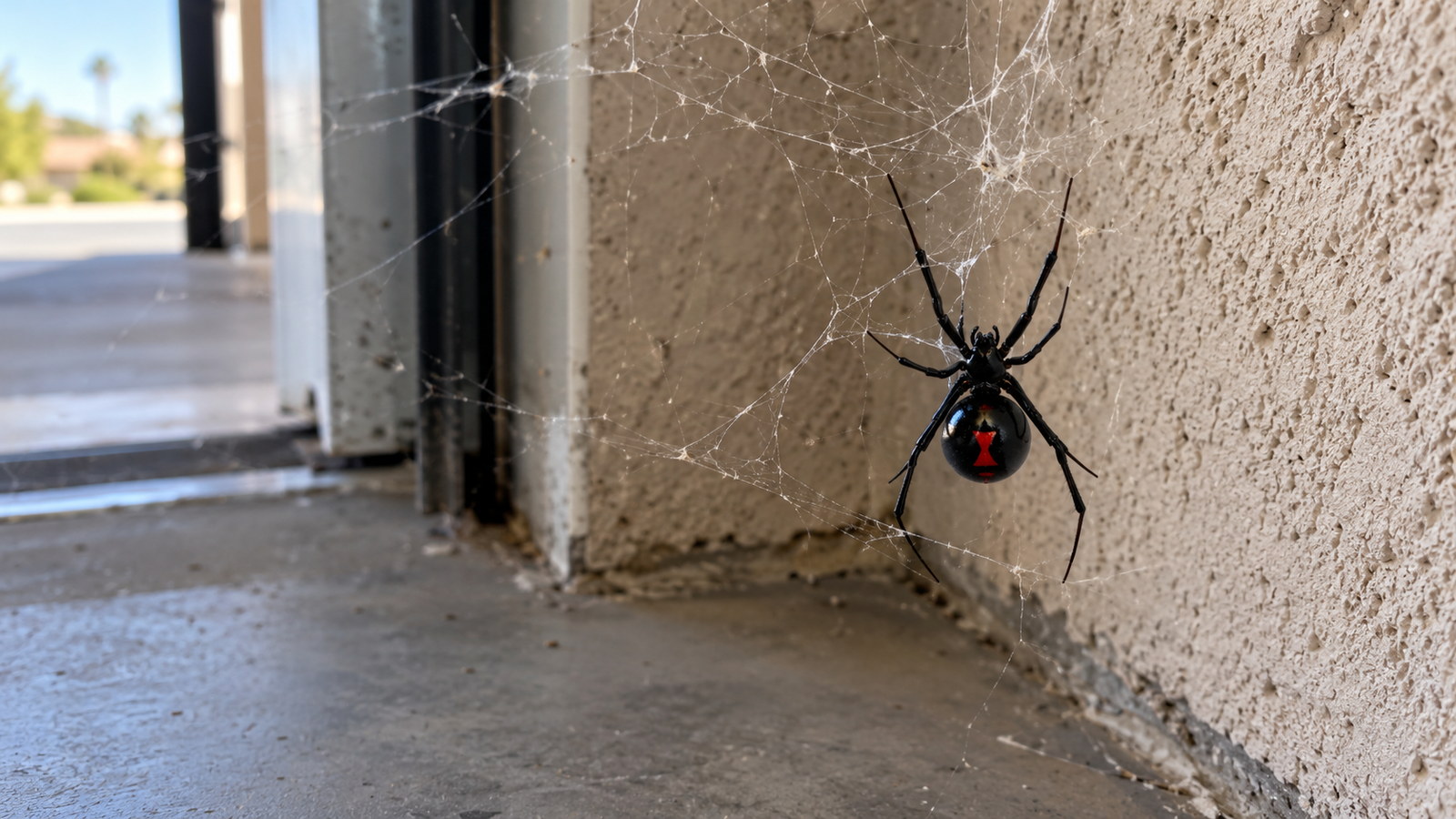 Female western black widow spider, glossy black with a round abdomen, hanging upside down in a tangled web in the low corner of a Las Vegas garage with the red hourglass visible on the underside of her abdomen