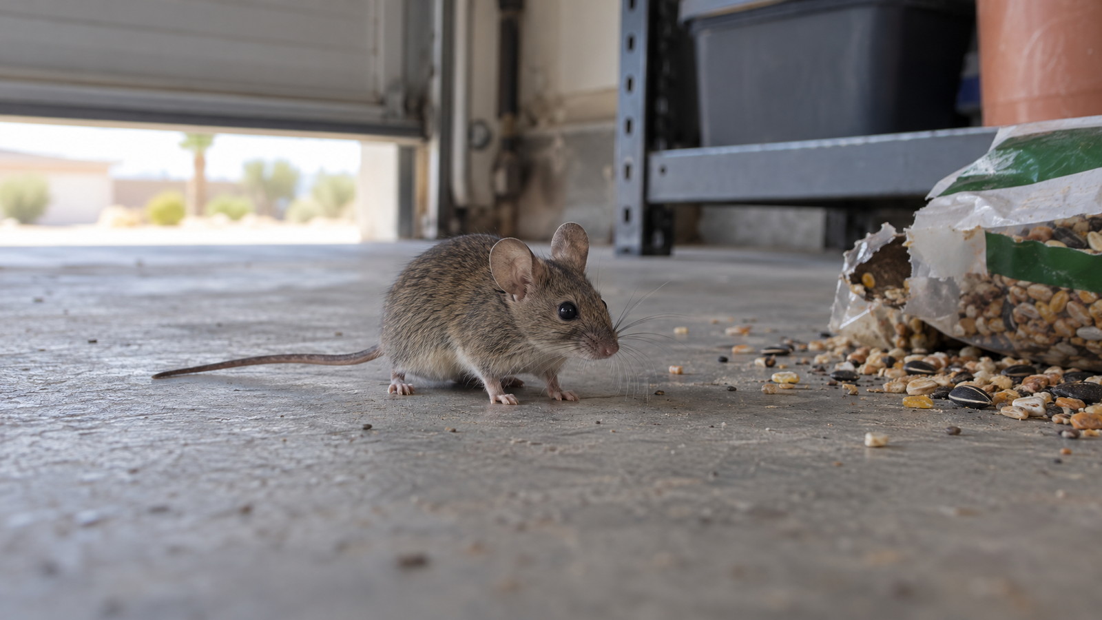 House mouse, small and gray-brown with large rounded ears and a thin tail, beside a bag of birdseed on the concrete floor of a Las Vegas garage