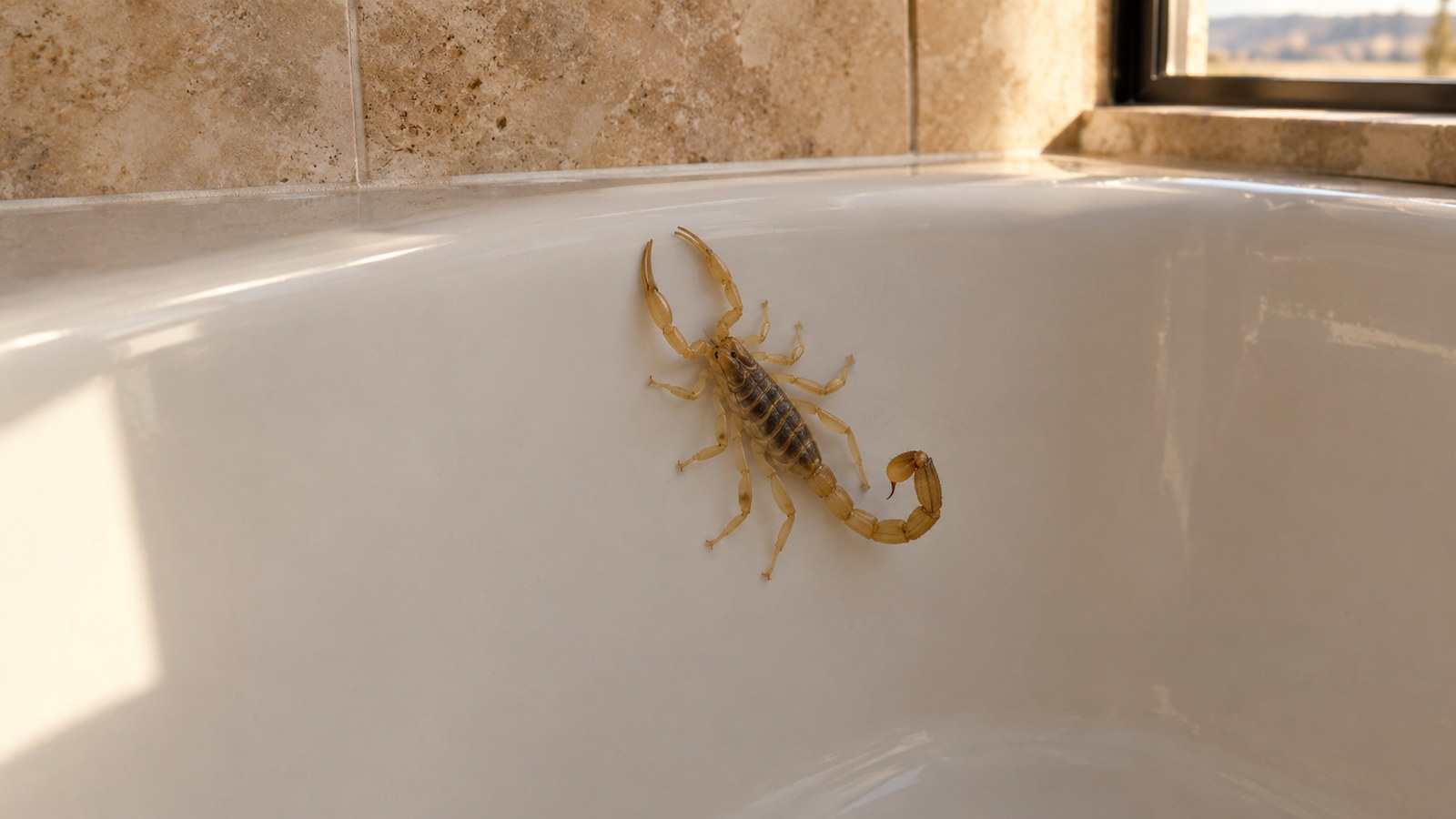 Arizona bark scorpion, pale tan with two slender pincers and a thin segmented tail curled to the side, climbing the white wall of a bathtub in a Las Vegas home