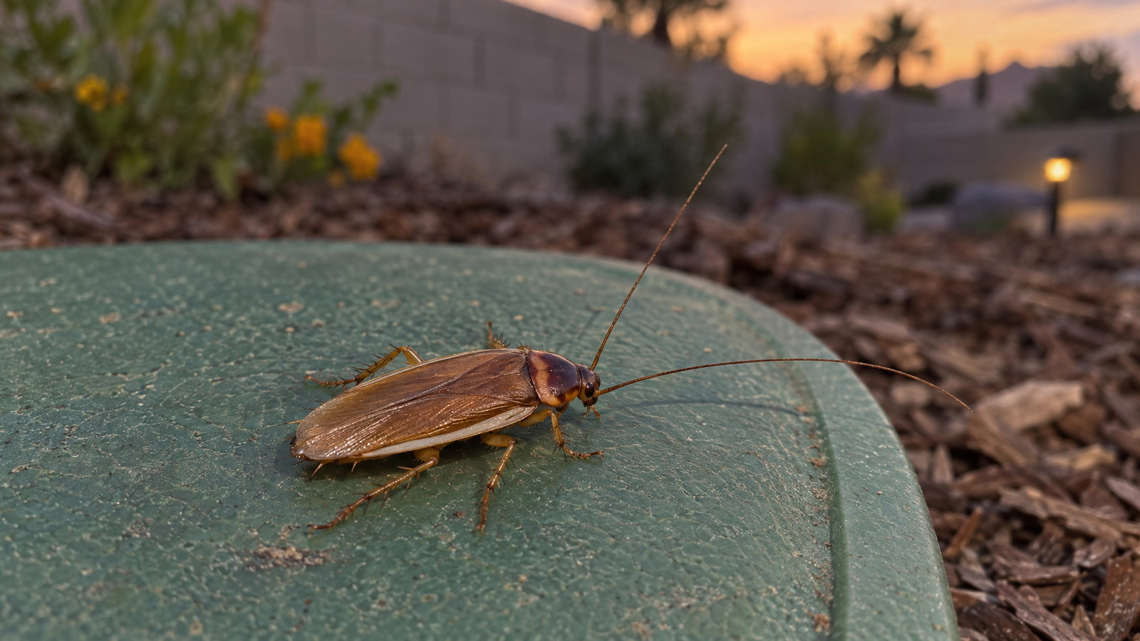 Male Turkestan cockroach, about an inch long with yellowish-tan wings edged in cream, on the concrete lid of an irrigation valve box beside a mulched flower bed in a Las Vegas yard